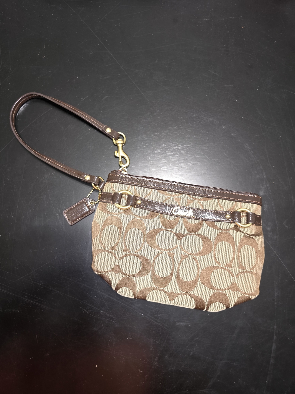 Coach Signature C Brown Small Leather Trim Wristlet